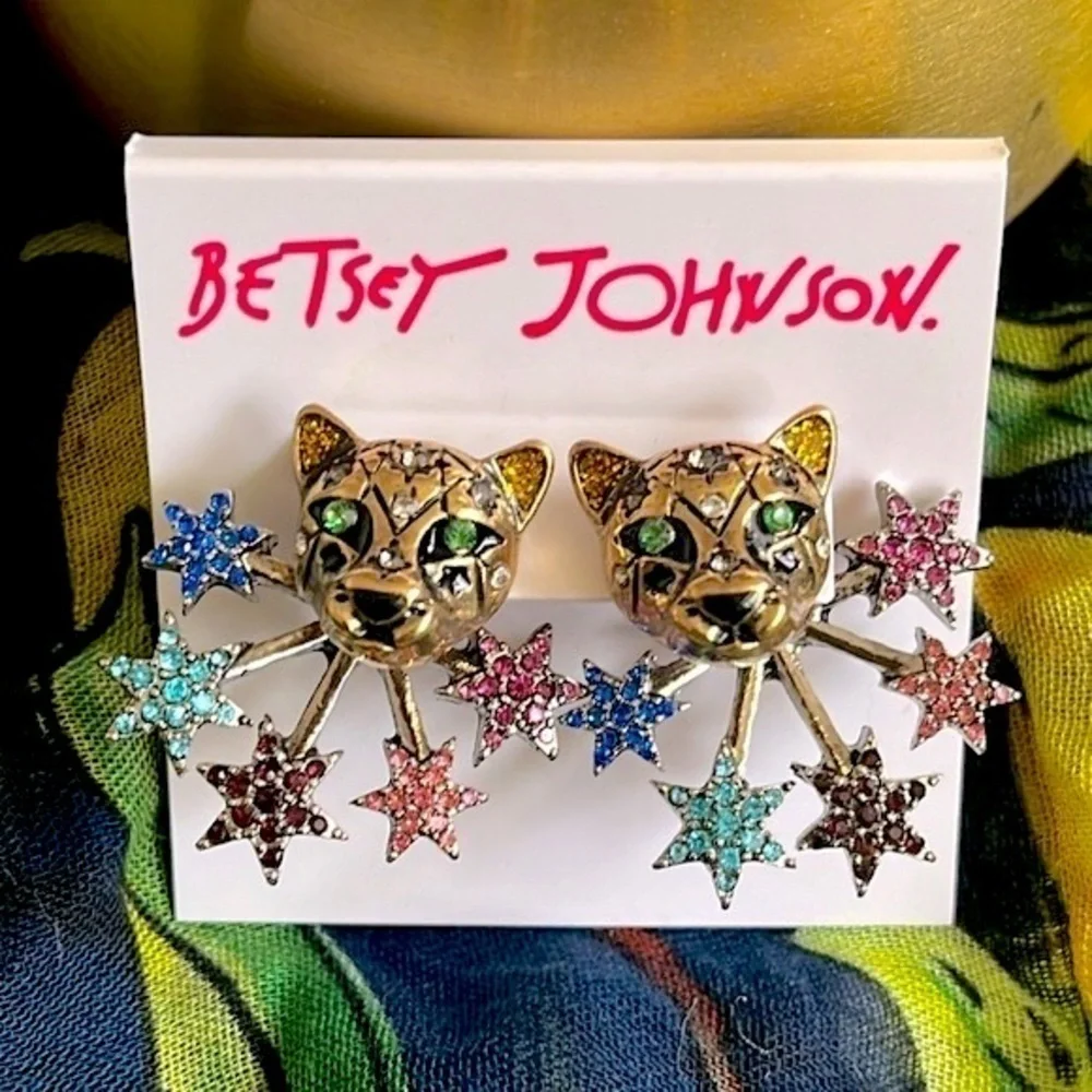 Brand New Betsey Johnson Leopard Colorful Stars Front Back Post Earrings Jungle - Picture 9 of 9